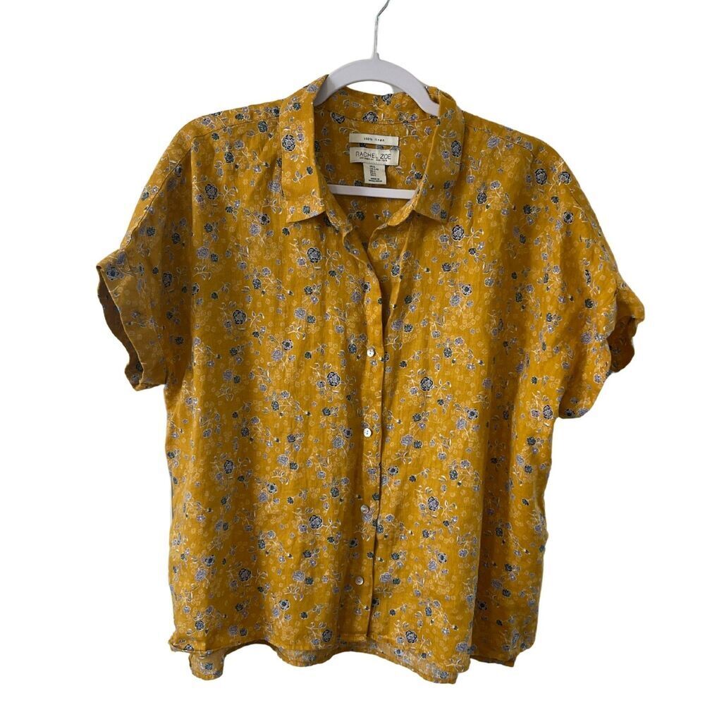 Rachel Zoe Golden Yellow Floral Button Shirt L100% Linen Boho Cottagecore NWOT